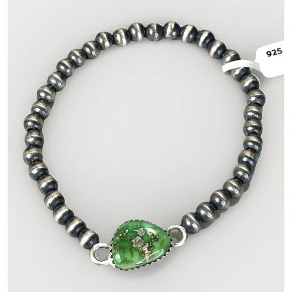 Native American Sterling Silver Pearl & Emerald Valley Turquoise Navajo Bracelet - Picture 2 of 13